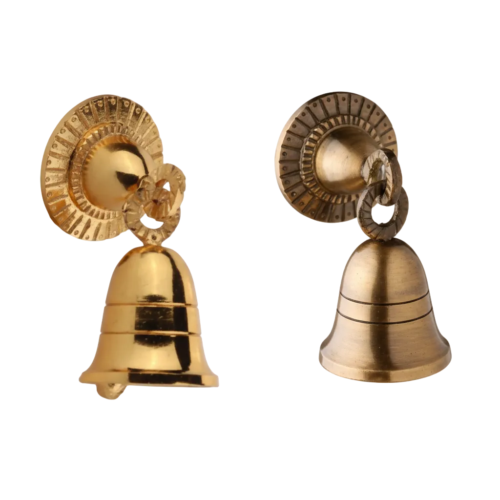 Pair of Fab0208_A wall-mounted dome bells in polished gold and antique brass finishes featuring a sunburst carved mounting plate and a decorative rope-twist pivot ring.