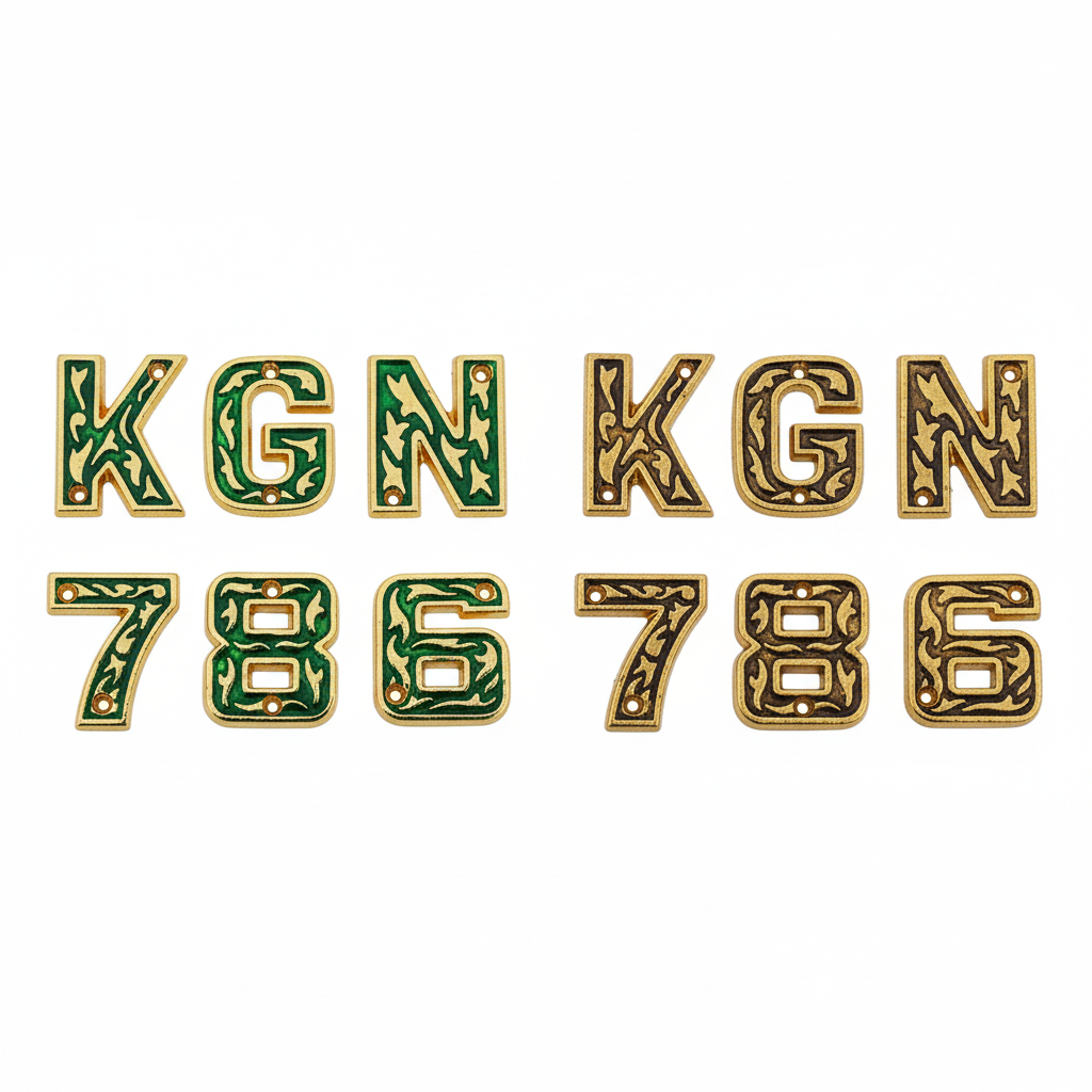 Collection of Fab0212 decorative metal alphabets and numbers featuring intricate floral scrollwork carvings, available in antique brass and green mina finishes with pre-drilled mounting holes.