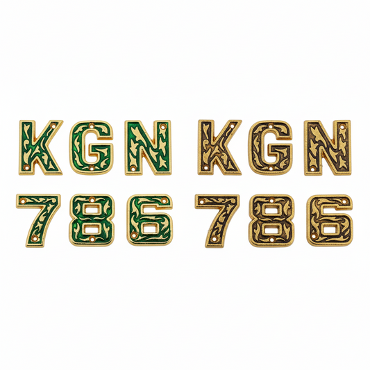 Collection of Fab0212 decorative metal alphabets and numbers featuring intricate floral scrollwork carvings, available in antique brass and green mina finishes with pre-drilled mounting holes.