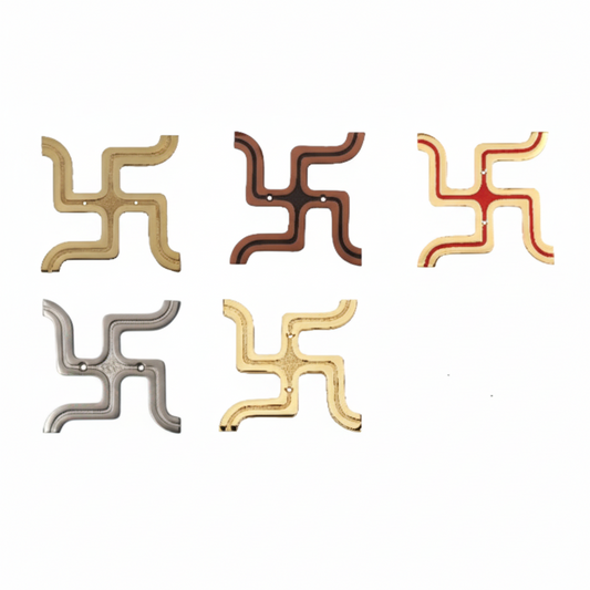 Collection of Fab0227 metal Swastik wall accents featuring a modern S-curve tip design with recessed borders, shown in antique brass, gold, satin and red mina finishes with dual central mounting holes.