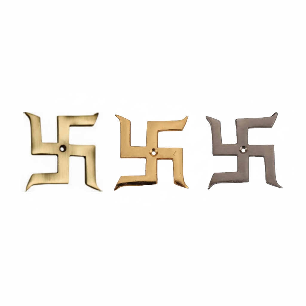 Set of Fab0261 brass Swastik wall accents in antique brass,  gold, and satin finishes featuring a minimalist design with curved tips and a central pre-drilled mounting hole.