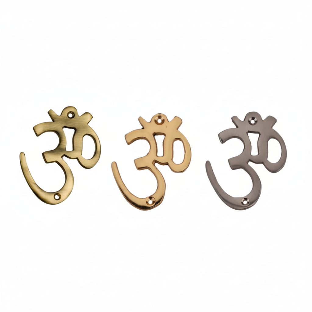 Fab0264 metal Om wall symbols in antique brass, gold, and satin finishes featuring a traditional Devanagari script design with dual top-and-bottom mounting holes for secure installation.