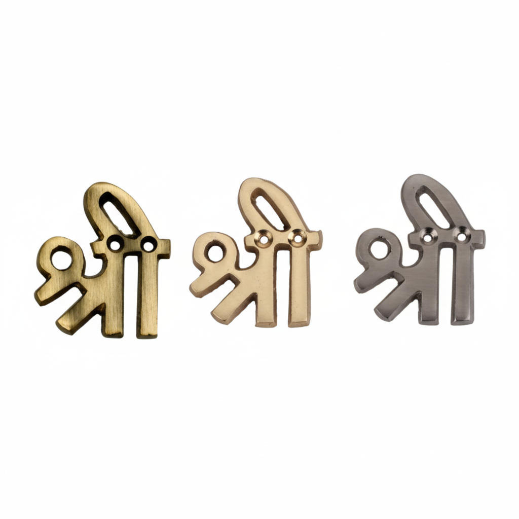 Fab0266 Brass Shree wall accents in antique brass, gold and satin finishes featuring traditional Devanagari calligraphy and dual pre-drilled mounting holes for secure installation.