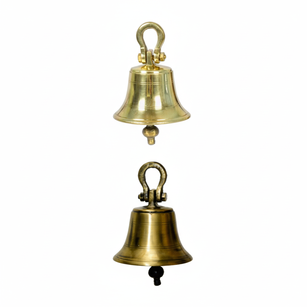 Pair of Fab0267 traditional metal hanging bells in antique brass and Glossy Rose finishes featuring a classic flared rim and a heavy-duty bolt-secured shackle for temple and home decor.