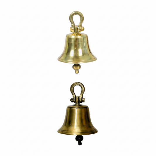 Pair of Fab0267 traditional metal hanging bells in antique brass and Glossy Rose finishes featuring a classic flared rim and a heavy-duty bolt-secured shackle for temple and home decor.