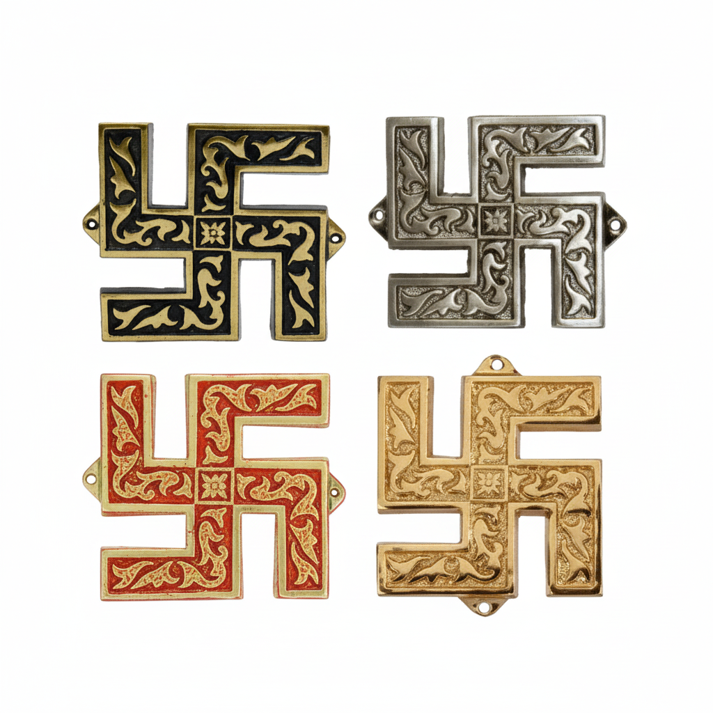 Fab0277 metal Swastik wall accents featuring intricate floral Nakshi carvings on a square-arm design, shown in antique brass, satin, gold and red mina finishes with side-mounted mounting eyelets.