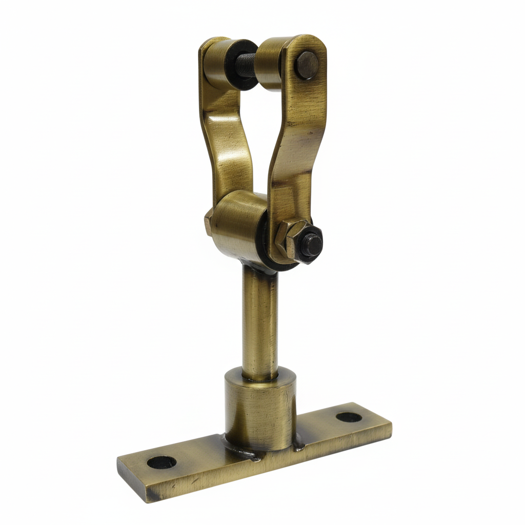 A premium DLP105 T-Type Revolving Bearing Kada in an elegant antique brass finish. This heavy-duty ceiling hook features a specialized dual-roller bearing mechanism for silent rotation, a sturdy T-base mounting plate for secure installation, and an extended vertical stem—perfect for hanging luxury ceiling fans, indoor jhulas (swings), and decorative architectural fixtures.