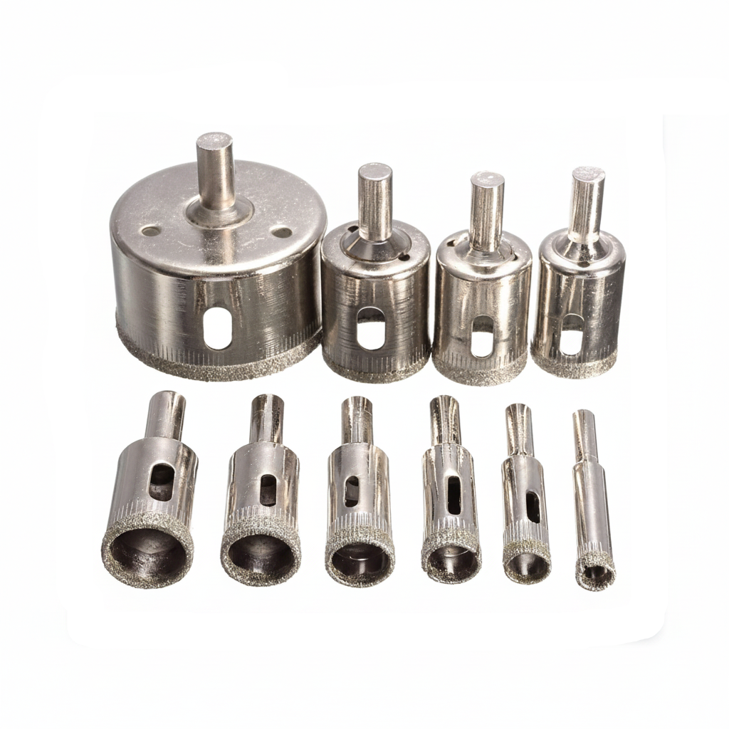 A 10-piece professional diamond hole saw set featuring assorted core drill bit sizes with diamond-coated tips and side clearance holes, designed for clean circular cuts in glass, ceramic tiles, marble, and porcelain.