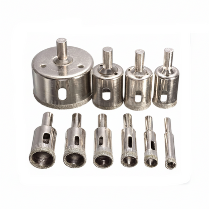 A 10-piece professional diamond hole saw set featuring assorted core drill bit sizes with diamond-coated tips and side clearance holes, designed for clean circular cuts in glass, ceramic tiles, marble, and porcelain.