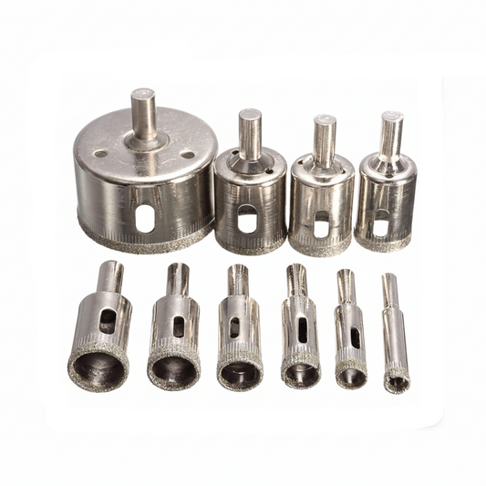 A 10-piece professional diamond hole saw set featuring assorted core drill bit sizes with diamond-coated tips and side clearance holes, designed for clean circular cuts in glass, ceramic tiles, marble, and porcelain.