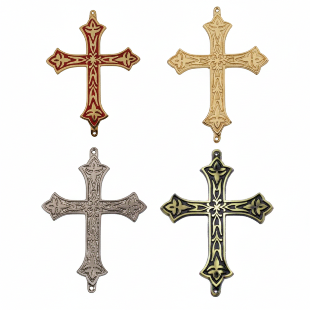 Collection of Fab2109 ornate brass wall crosses featuring intricate embossed filigree patterns, flared tips, and dual top-and-bottom mounting eyelets, shown in four finishes including antique brass, red mina, gold and silver.
