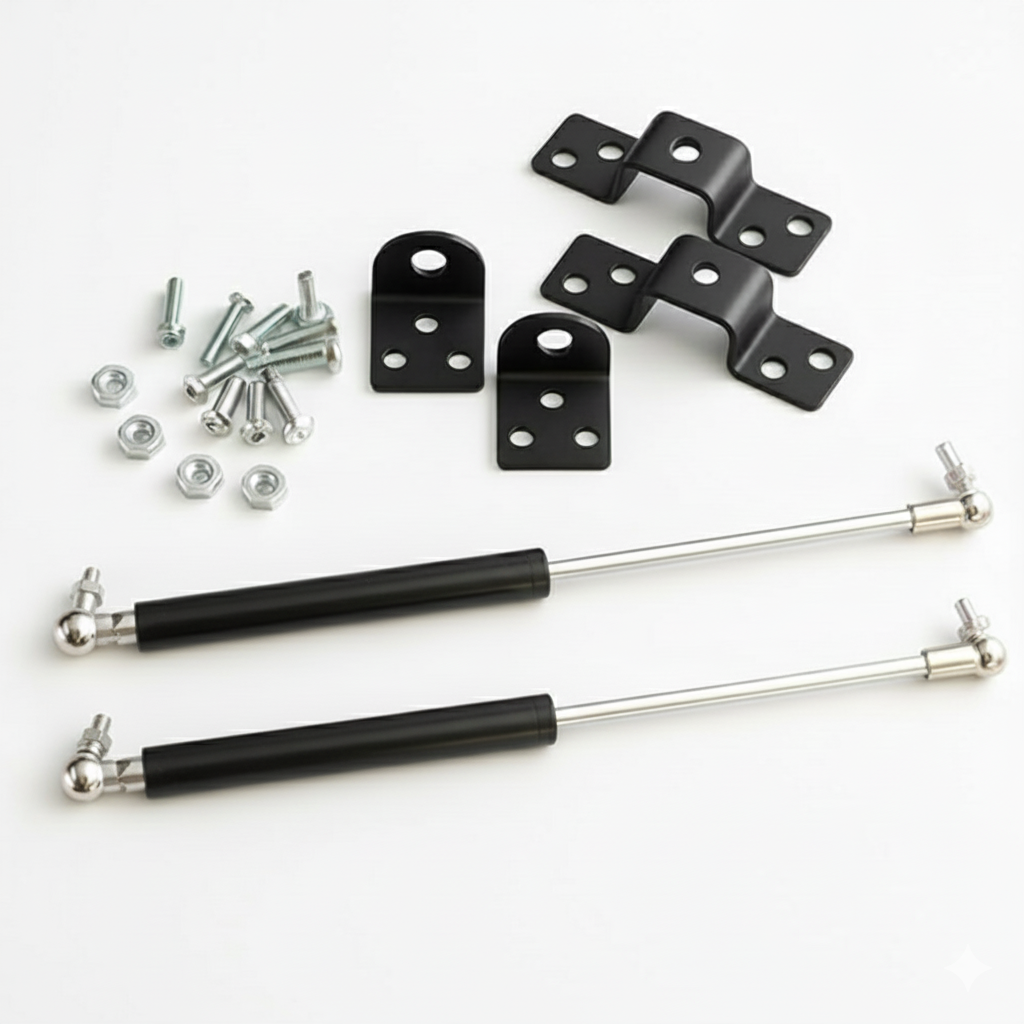 A complete 12-inch heavy-duty gas strut kit featuring two black hydraulic lift supports with polished silver rods. The professional hardware set includes four specialized black mounting brackets (two L-shaped and two bridge-style), along with a full set of installation screws and nuts. Designed for smooth, controlled lifting of heavy cabinet doors, automotive hoods, and storage lids.