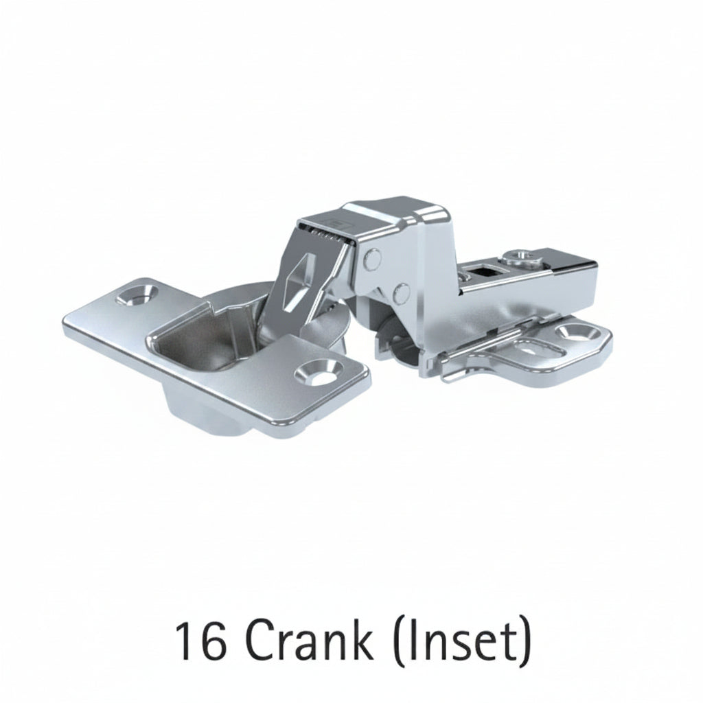 A professional-grade 16 crank inset concealed cabinet cup hinge made of durable nickel-plated steel. The image displays the high-crank hinge arm and adjustable mounting plate designed specifically for cabinet doors that sit flush within the cabinet frame.