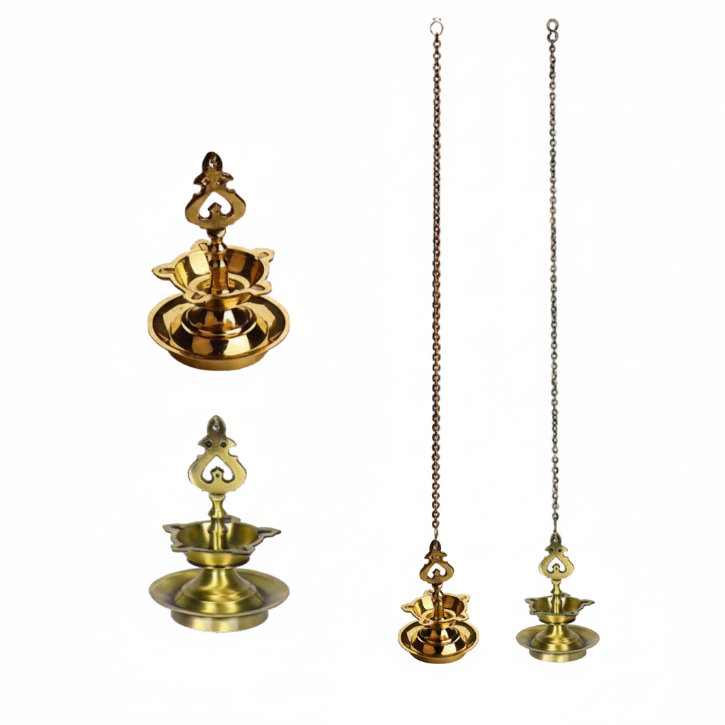 Set of Fab2165 hanging laman diyas in polished gold and antique brass finishes featuring a tiered oil reservoir with multiple wick notches, a decorative heart-shaped finial, and a long metal link chain.
