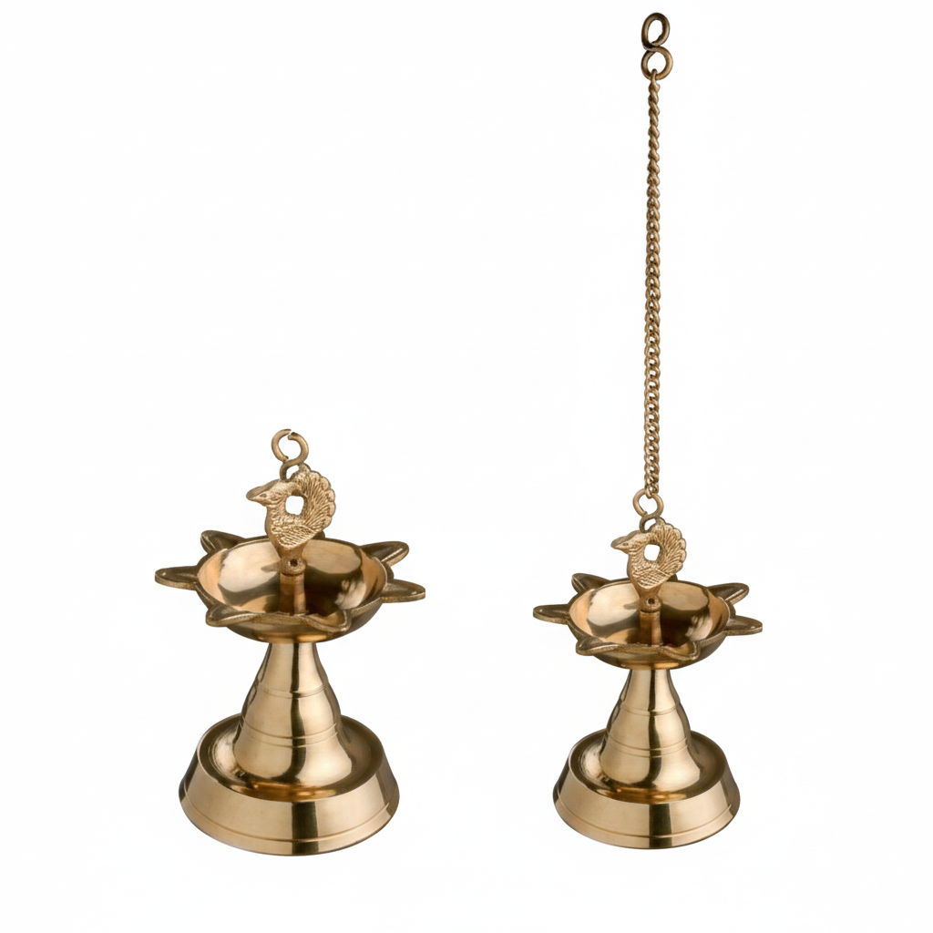 Traditional Fab2166 hanging peacock laman diya in antique brass finish featuring a 7-point star oil reservoir, a central peacock finial, and a long metal link chain for puja decor.