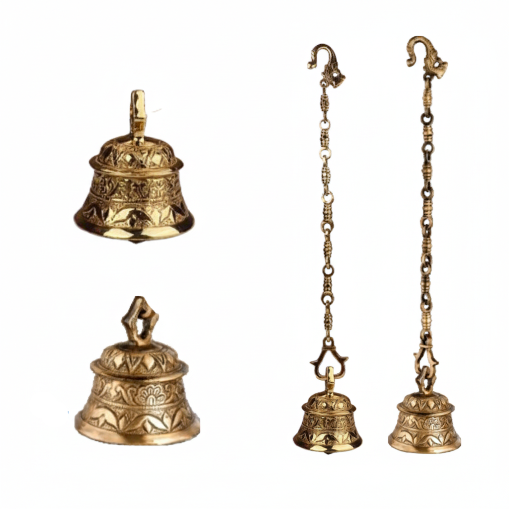 Fab2168 hanging metal bell in antique brass, gold finish featuring horizontal bands of Nakshi floral carvings, a decorative spade-shaped finial, and an ornate multi-link chain with an eagle-head motif hook.