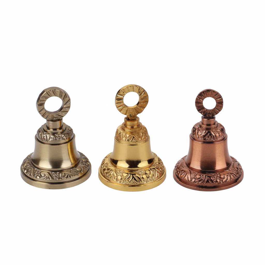 Trio of Fab2174 hanging brass bells in  antique brass, gold and rose gold finishes featuring intricate Nakshi floral carvings and a decorative twisted rope-style mounting loo
