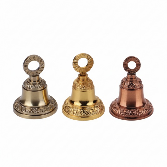 Trio of Fab2174 hanging brass bells in  antique brass, gold and rose gold finishes featuring intricate Nakshi floral carvings and a decorative twisted rope-style mounting loo