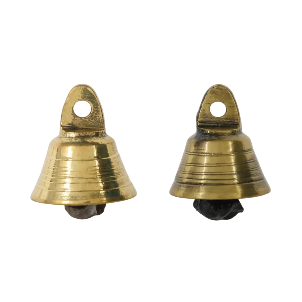 Pair of Fab2002 miniature metal hanging bells in polished gold and antique brass finishes featuring a tapered body with horizontal ring engravings and integrated hanging eyelets.