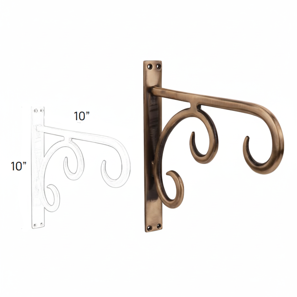 FabF2018 10x10 inch heavy-duty metal wall bracket in antique brass finish featuring a decorative triple-scroll design for hanging bells, lanterns, or planters.