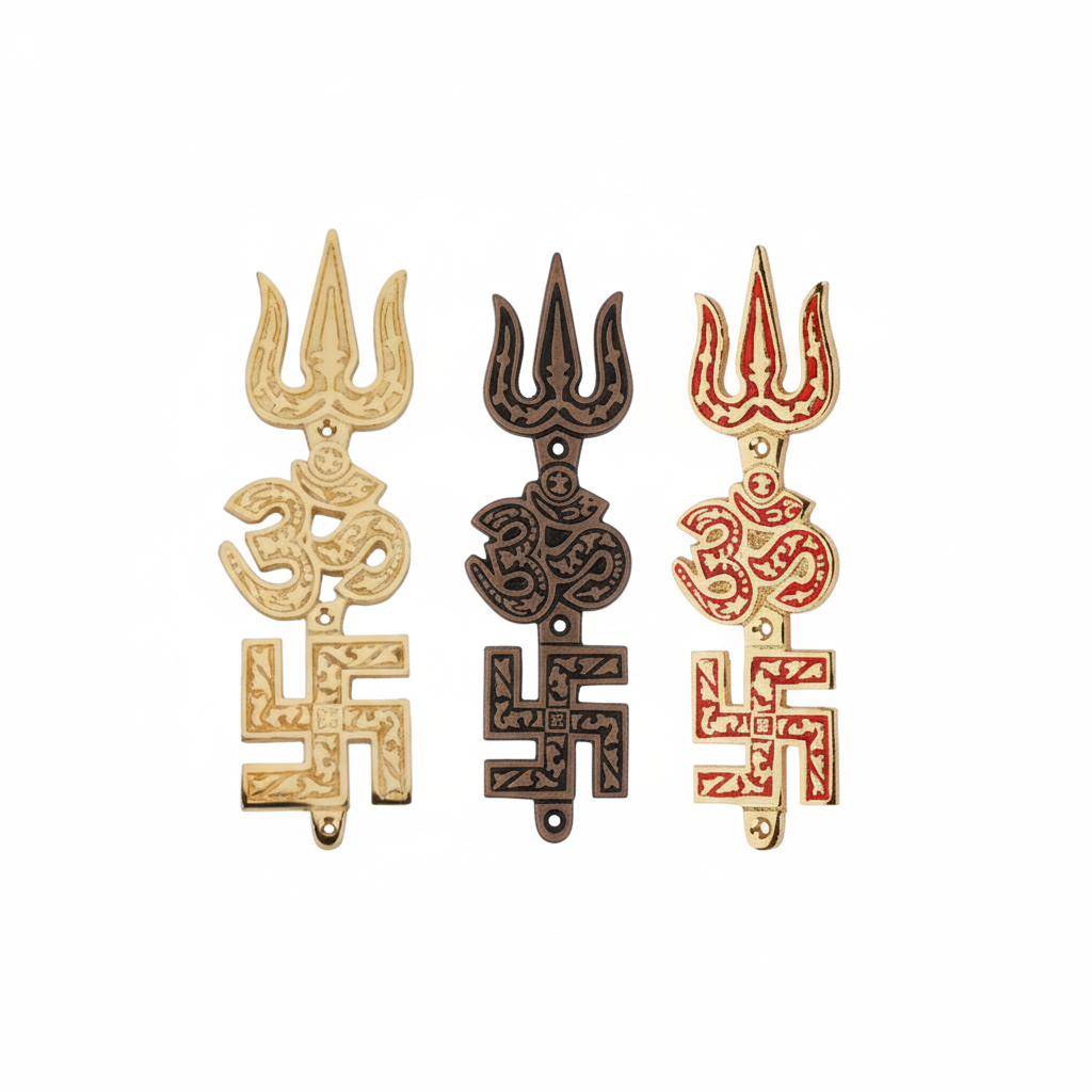 Collection of FabF2019 vertical metal wall accents featuring etched Nakshi floral patterns on a combined Trishul, Om, and Swastik design, shown in antique brass, gold, and red mina finishes with dual mounting eyelets.