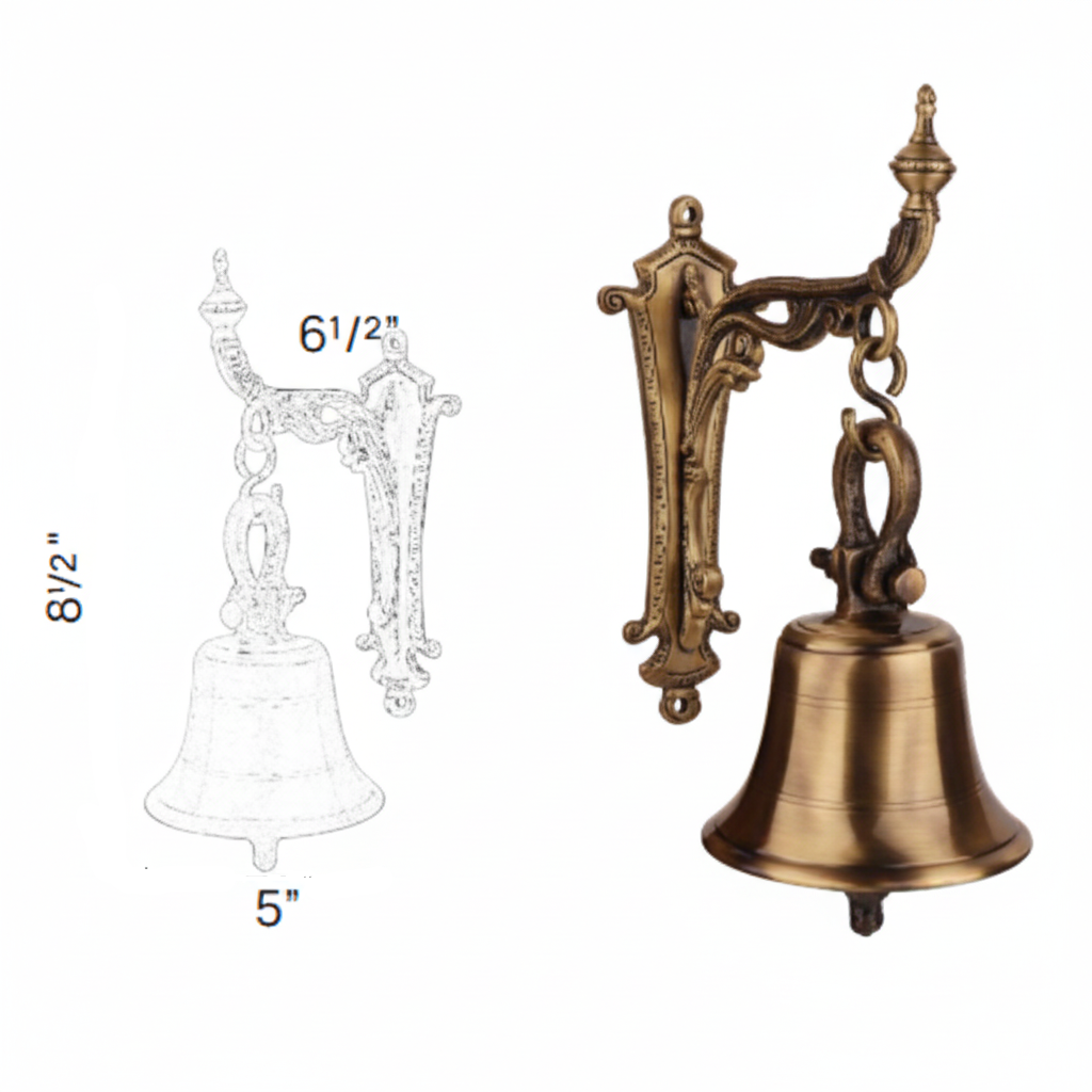 Fab2045 8.1/2 x6.1/2 inch wall-mounted hanging bell set in antique brass finish featuring an ornate baroque-style bracket, heavy-duty shackle mount, and a 5-inch flared temple bell.