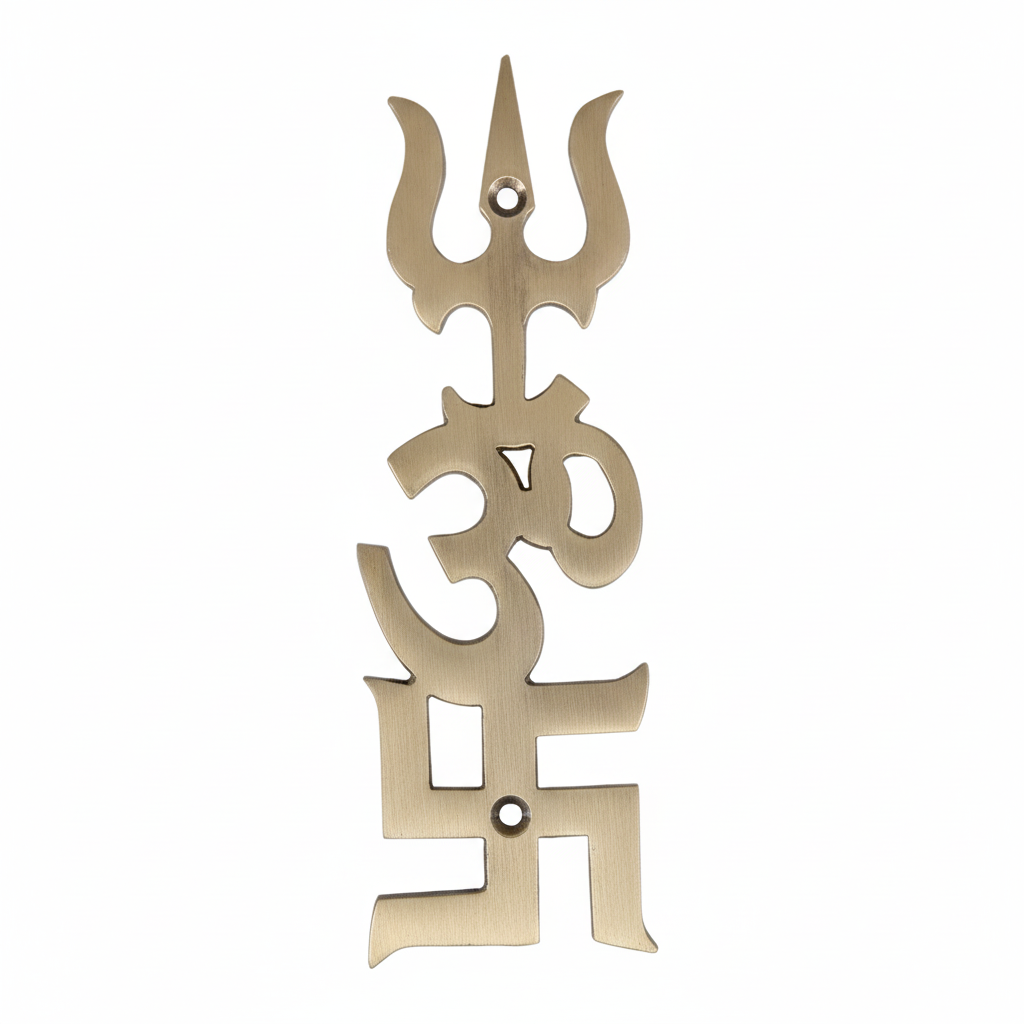 Fab2056 vertical  wall accent in antique brass finish featuring a combined Trishul, Om, and Swastik design with dual pre-drilled countersunk mounting holes for secure installation on main doors or walls.