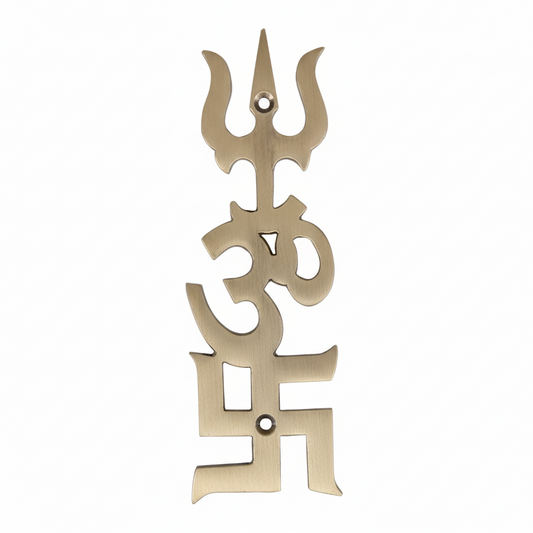 Fab2056 vertical  wall accent in antique brass finish featuring a combined Trishul, Om, and Swastik design with dual pre-drilled countersunk mounting holes for secure installation on main doors or walls.