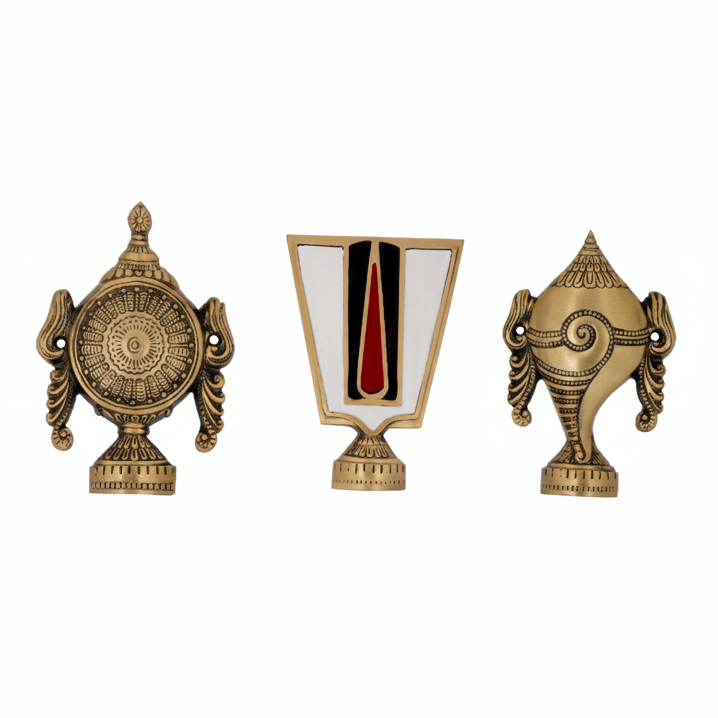 Traditional 2057A antique brass set featuring the Sudarshana Chakra, white and red Tilak Namam, and Panchajanya Shanku conch shell with intricate engraved detailing.