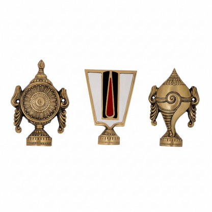 Traditional 2057A antique brass set featuring the Sudarshana Chakra, white and red Tilak Namam, and Panchajanya Shanku conch shell with intricate engraved detailing.