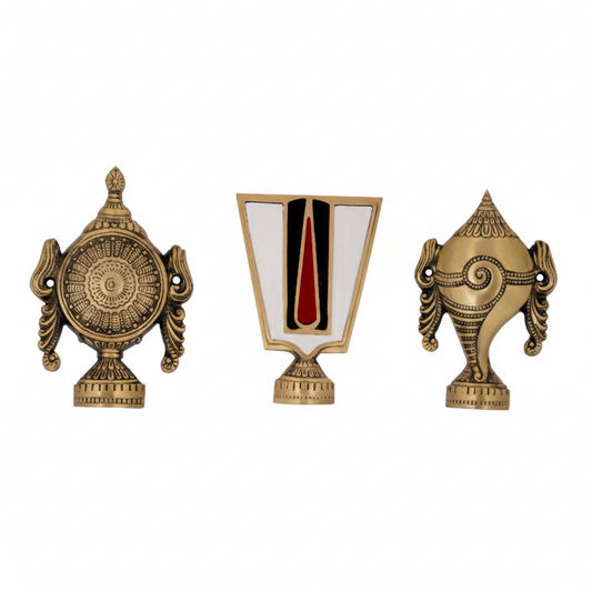 Traditional 2057A antique brass set featuring the Sudarshana Chakra, white and red Tilak Namam, and Panchajanya Shanku conch shell with intricate engraved detailing.
