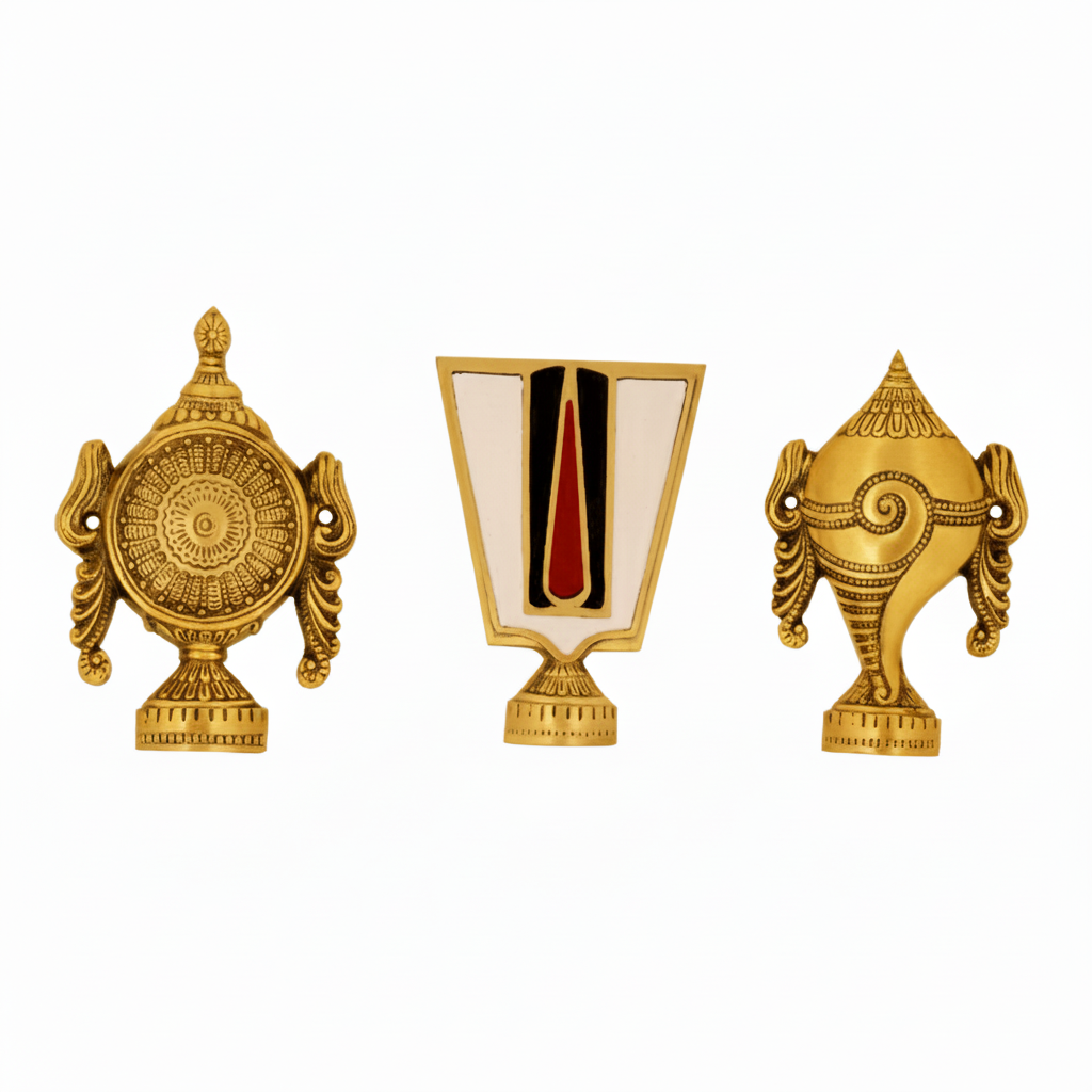 Premium PVD gold finish 2057A metal set featuring the divine Sudarshana Chakra, a white and red enamel Tilak Namam, and the Panchajanya Shanku conch shell with intricate engraved filigree detailing.