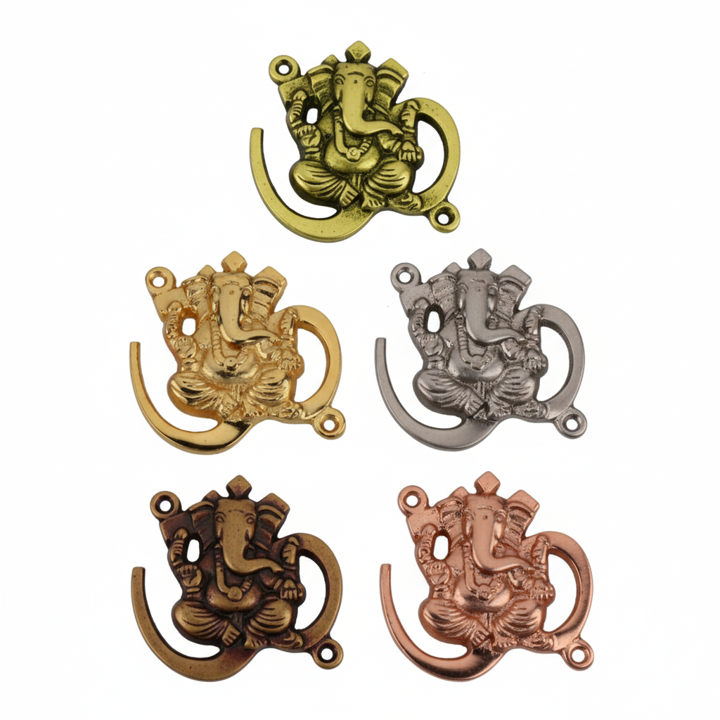 Collection of Fab2110 metal Om Ganpati wall accents in antique brass,  gold, satin, copper and rose gold finishes featuring an embossed Ganesha seated within an Om symbol.