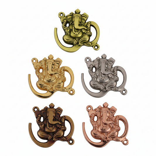 Collection of Fab2110 metal Om Ganpati wall accents in antique brass,  gold, satin, copper and rose gold finishes featuring an embossed Ganesha seated within an Om symbol.