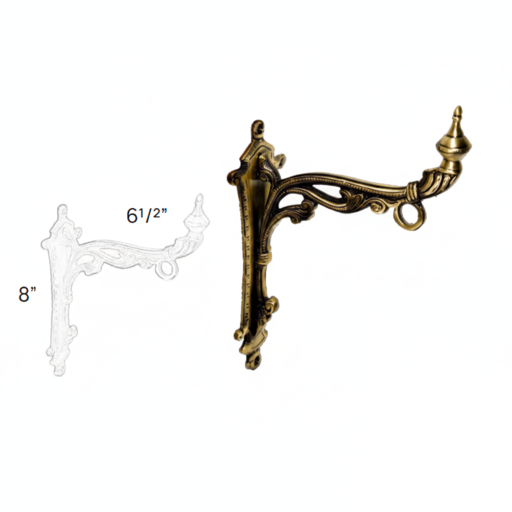 Fab2158 8x6.5 inch ornate metal lamp hanger in antique brass finish featuring intricate Victorian scrollwork, a decorative finial tip, and an integrated hanging eyelet ring.
