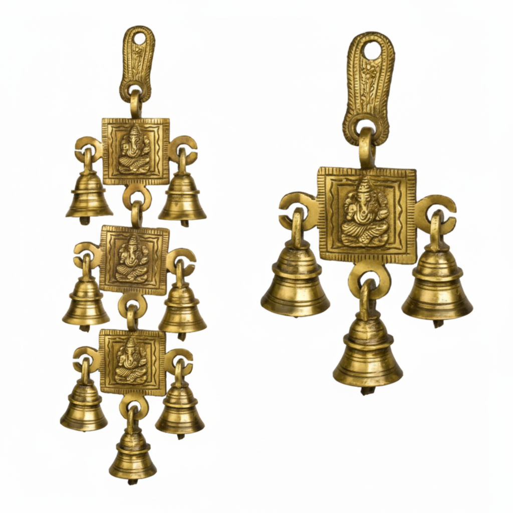 Traditional Fab2159 antique brass hanging toran featuring embossed Lord Ganesha square plaques with multiple tiers of decorative metal bells for auspicious home entrances.