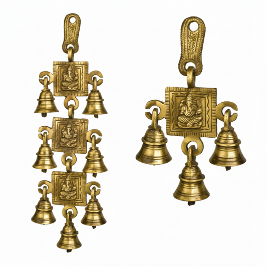 Traditional Fab2159 antique brass hanging toran featuring embossed Lord Ganesha square plaques with multiple tiers of decorative metal bells for auspicious home entrances.