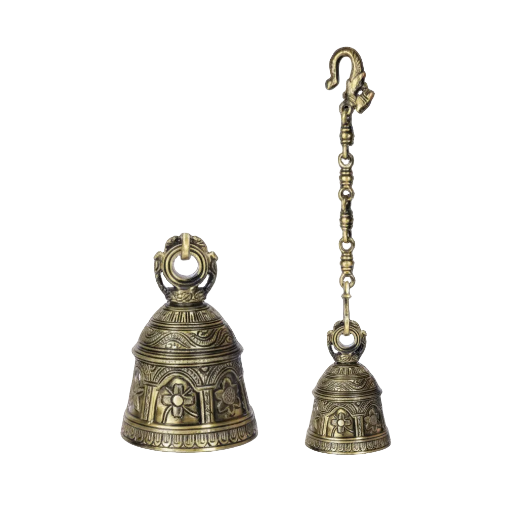 Fab2169 hanging brass bell in antique brass featuring embossed floral motifs in traditional arches, an ornate multi-link carved chain, and a decorative bird-motif mounting hook.