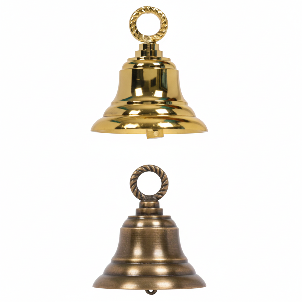 Pair of Fab2173 hanging metal bells in brilliant gold and antique brass finishes featuring a decorative twisted rope-style top loop and a triple-stepped base design.
