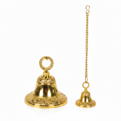 Fab2174 gold hanging bell set featuring a brilliant tarnish-proof finish, intricate Nakshi floral engravings on the rim, a decorative twisted rope-style mounting loop, and a matching gold-tone link chain with S-hook.