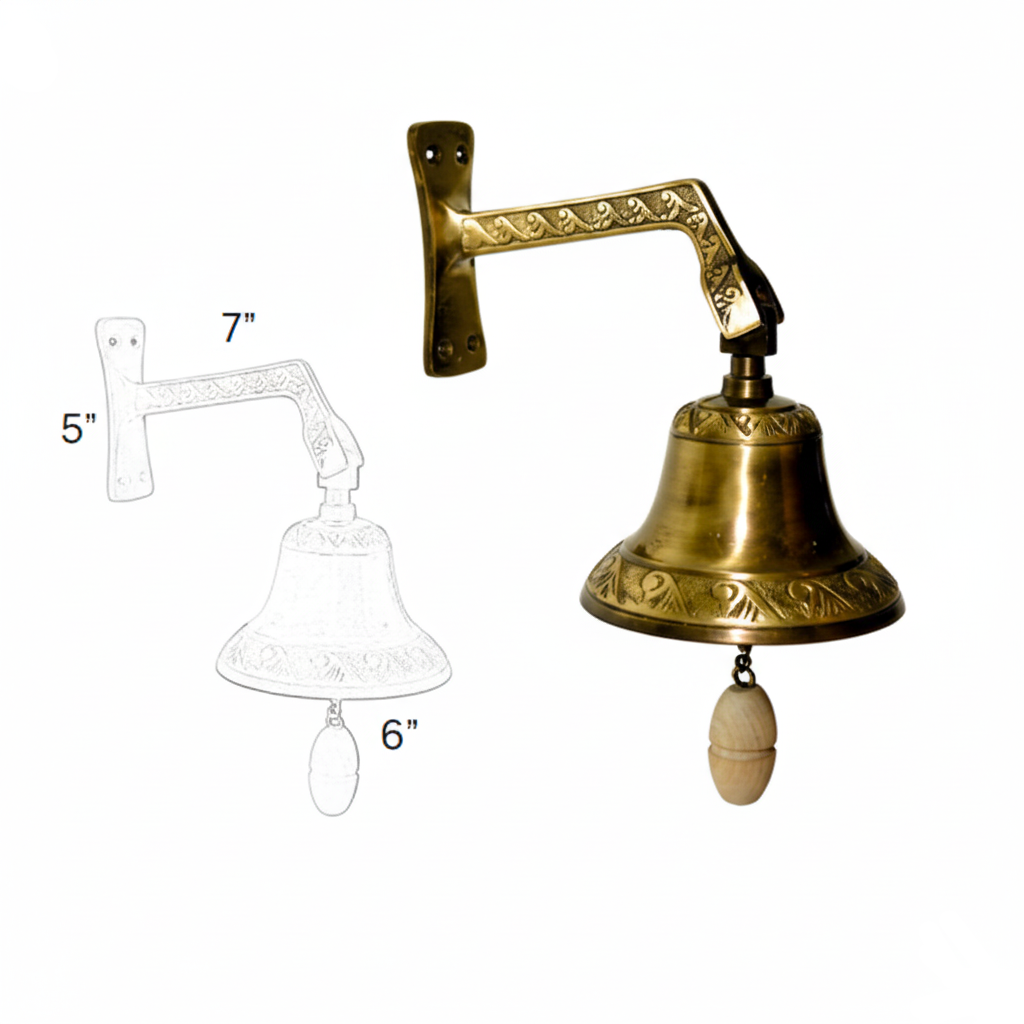 Fab265 large 5x7 inch wall-mounted door bell in antique brass finish featuring an embossed wave-pattern arm, a 6-inch flared bell with floral engravings, and a wooden pull handle.