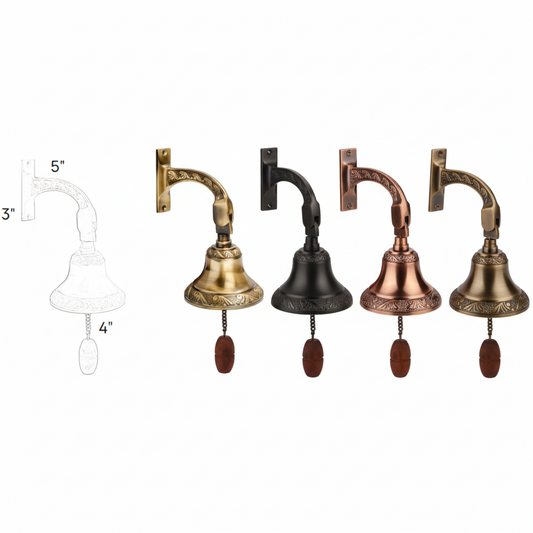 Collection of Fab265 3x5 inch wall-mounted gate bells in antique brass, satin, glossy rose, rose gold,finishes featuring an engraved floral rim, articulated hanging arm, and a wooden pull handle on a metal chain.