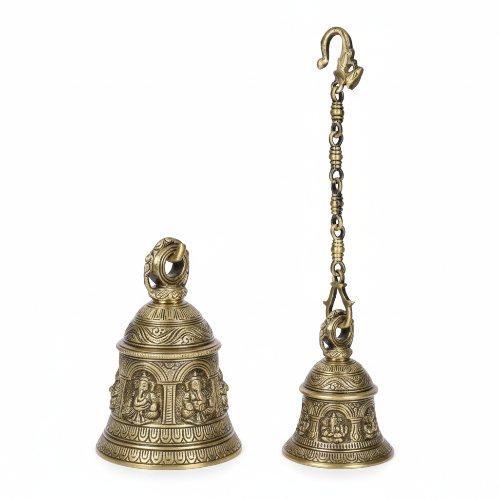 Fab268 hanging metal bell in antique brass featuring embossed Ganesha figures in traditional arched alcoves, an ornate multi-link carved chain, and a decorative bird-motif mounting hook.
