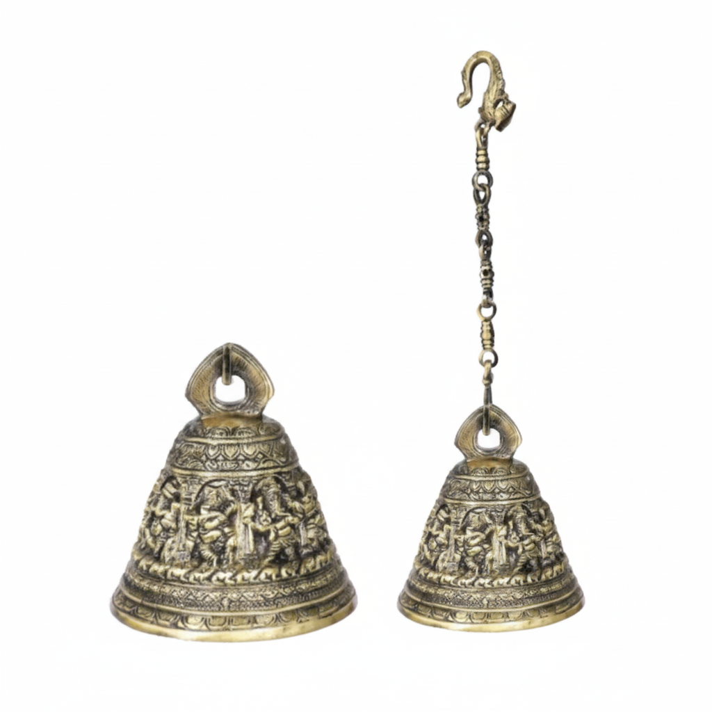 Fab269 hanging bell in antique brass featuring detailed Dashavatar carvings of the ten incarnations of Vishnu, a decorative spade-shaped top eyelet, and an artisanal multi-link chain with a bird-motif hook.