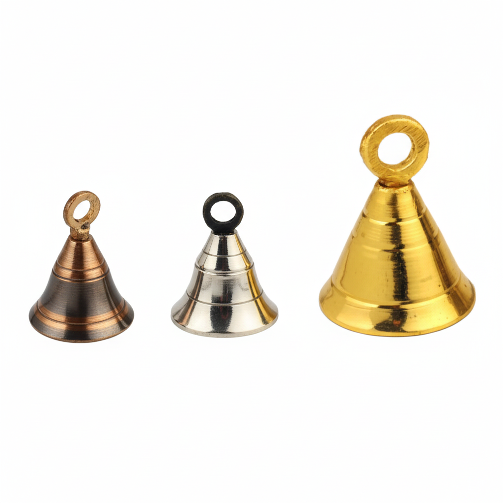 Set of three Fab0272 metal hanging bells in gold, gold silver and antique brass, finishes featuring a smooth tapered body and integrated top hanging loops.