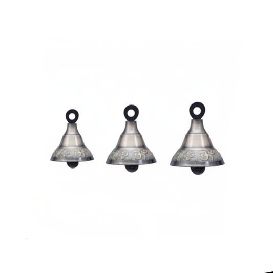 Set of three Fab2278 hanging bells in a antique brass featuring an embossed Om symbol and floral border design with integrated top hanging loops.