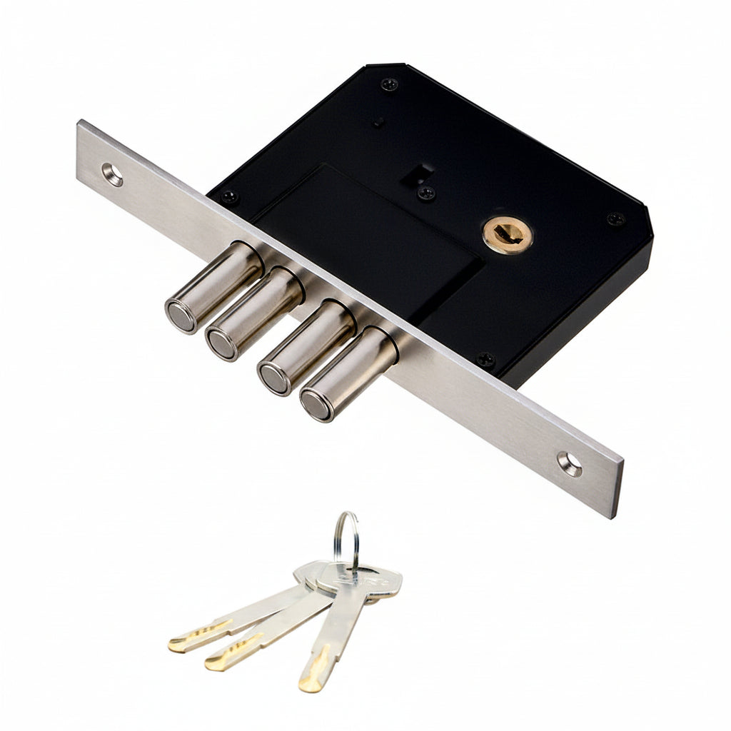 A high-security CNR mortise deadlock featuring a robust 4-rod cylindrical bolt mechanism and a premium satin-finished faceplate. The image shows the heavy-duty black lock body with four reinforced steel deadbolts and a set of high-security dimple keys. This architectural-grade lock is designed for maximum protection on main entrance wooden or metal doors in both residential and commercial properties.
