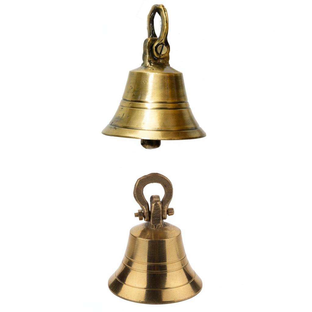 Two Fab271 hanging metal bells in a heritage antique brass and glossy rose finish featuring a classic flared rim, horizontal grooved detailing, and a robust bolt-secured shackle for main door or temple use.