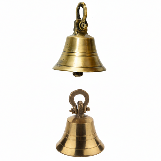 Two Fab271 hanging metal bells in a heritage antique brass and glossy rose finish featuring a classic flared rim, horizontal grooved detailing, and a robust bolt-secured shackle for main door or temple use.