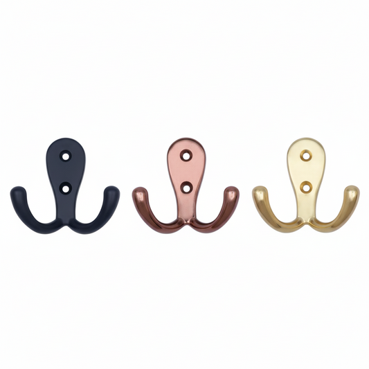 Trio of Fab7205 double khuti wall hooks in Black, Rose Gold and Gold finishes with dual-screw mounting for maximum home organization.